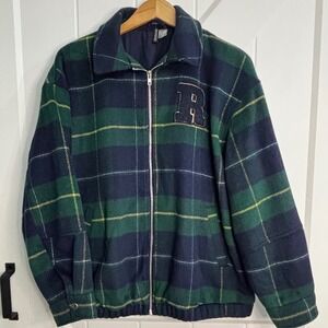 Y2K Inspired H&M Plaid Varsity Jacket women's Medium Green Navy Zip